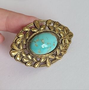 Vintage Gold Tone Bronze Metallic Boho Marquis Turquoise Cabochon Leaf Brooch